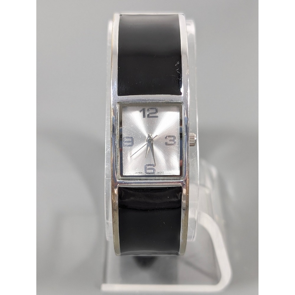 Chico's Black Enamel Watch Silver Tone Hinged Bangle Cuff Statement Working 6.5"